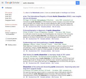 Google scholar met treffers over aorta dissecties